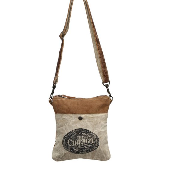 Myra Bag Upcycled Canvas Crossbody Purse - Vintage Style Leather Trim Bag For Women